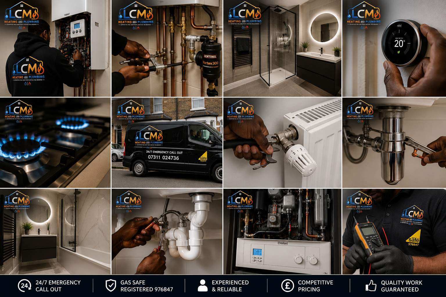 LCM heating and plumbing work portfolio collage